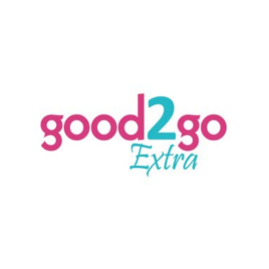 Logo of Good2Go Extra featuring bold pink and turquoise lettering.