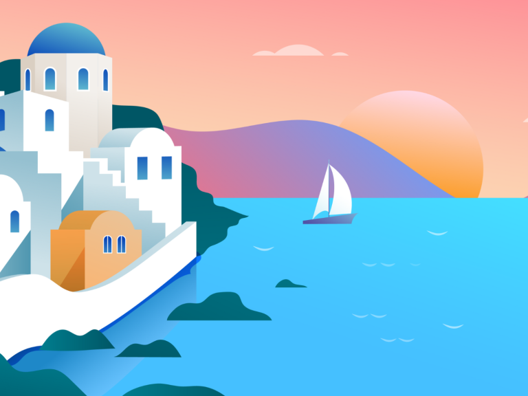 A coastal village with white buildings, a sailboat, and a sunset over the water.
